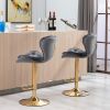 Set of 2 Bar Stools,with Chrome Footrest and Base Swivel Height Adjustable Mechanical Lifting Velvet + Golden Leg Simple Bar Stool-gray